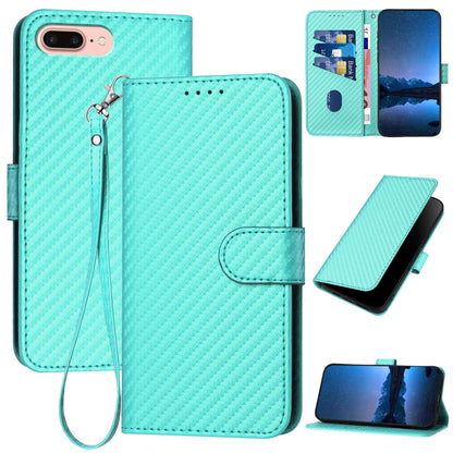 Apple iPhone 7 Plus Carbon Fiber Buckle Leather Phone Case with Lanyard, PU Leather TPU Wallet Cover with Card Slot, Cash Compartment, Stand Function & Scratch Protection