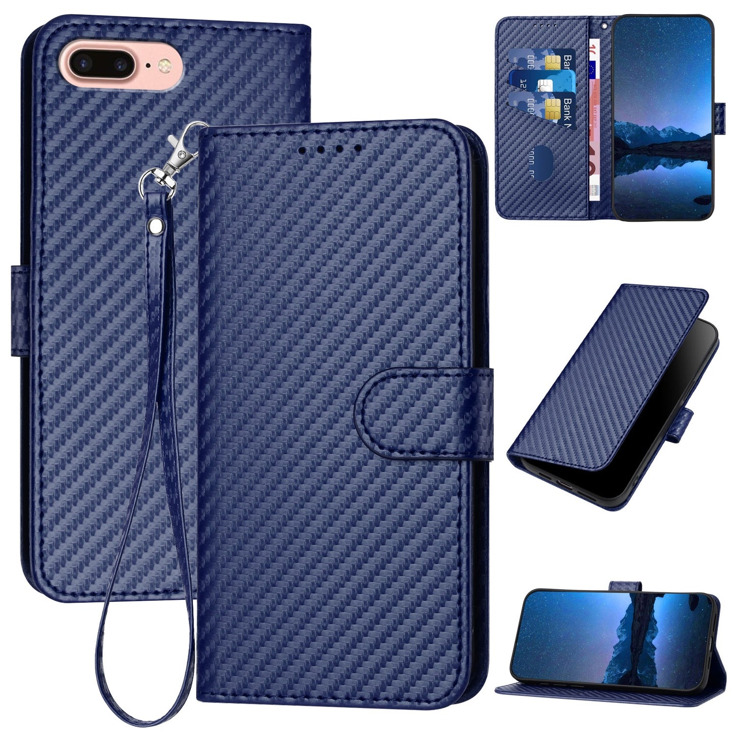Apple iPhone 8 Plus Carbon Fiber Buckle Leather Phone Case with Lanyard, PU Leather TPU Wallet Cover with Card Slot, Cash Compartment, Stand Function & Scratch Protection