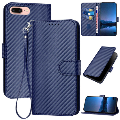 Apple iPhone 7 Plus Carbon Fiber Buckle Leather Phone Case with Lanyard, PU Leather TPU Wallet Cover with Card Slot, Cash Compartment, Stand Function & Scratch Protection