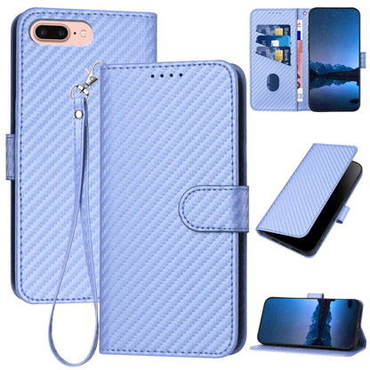 Apple iPhone 8 Plus Carbon Fiber Buckle Leather Phone Case with Lanyard, PU Leather TPU Wallet Cover with Card Slot, Cash Compartment, Stand Function & Scratch Protection
