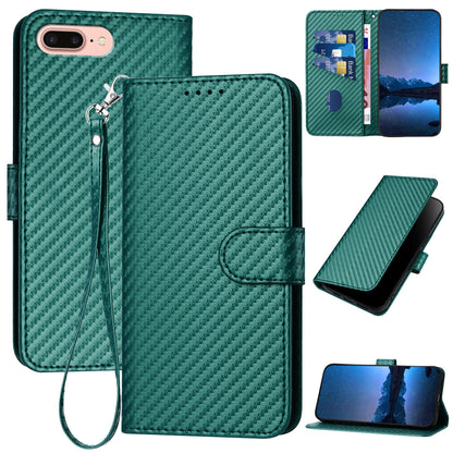 Apple iPhone 8 Plus Carbon Fiber Buckle Leather Phone Case with Lanyard, PU Leather TPU Wallet Cover with Card Slot, Cash Compartment, Stand Function & Scratch Protection