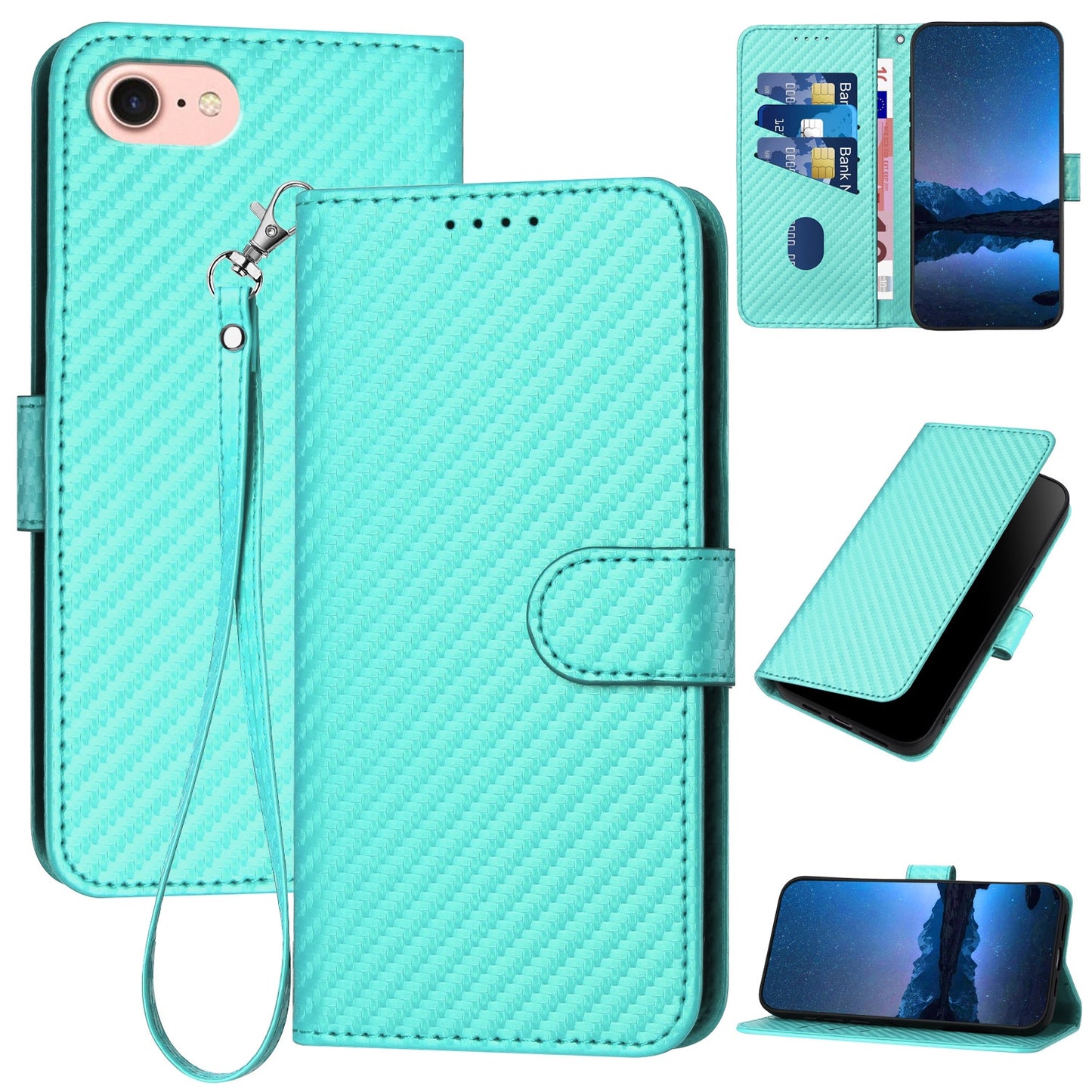Apple iPhone SE 2022 Carbon Fiber Buckle Leather Phone Case with Lanyard, PU Leather TPU Wallet Cover with Card Slot, Cash Compartment, Stand Function & Scratch Protection