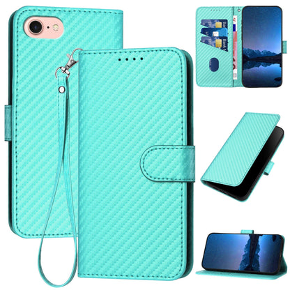 Apple iPhone SE 2020 Carbon Fiber Buckle Leather Phone Case with Lanyard, PU Leather TPU Wallet Cover with Card Slot, Cash Compartment, Stand Function & Scratch Protection