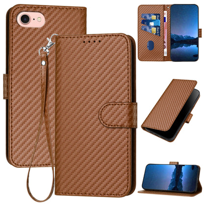 Apple iPhone 7 Carbon Fiber Buckle Leather Phone Case with Lanyard, PU Leather TPU Wallet Cover with Card Slot, Cash Compartment, Stand Function & Scratch Protection