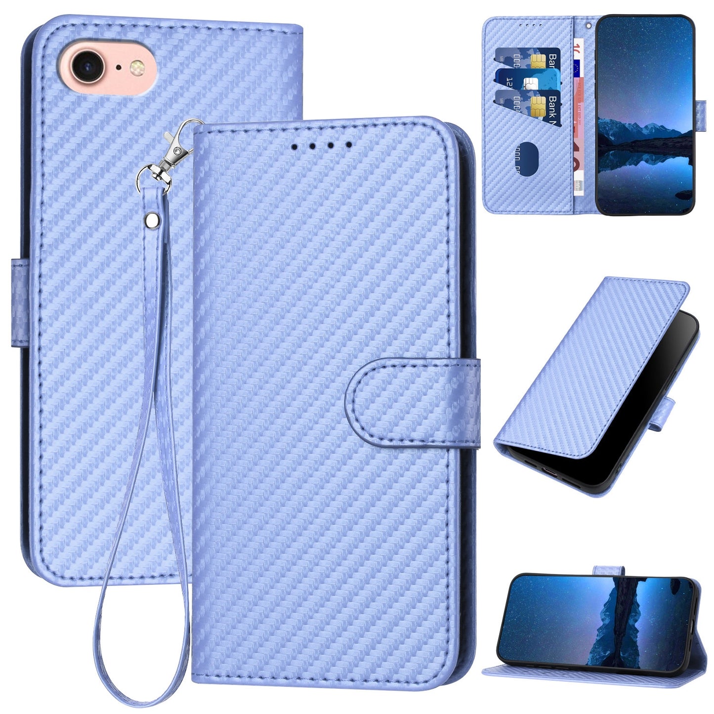 Apple iPhone SE 2022 Carbon Fiber Buckle Leather Phone Case with Lanyard, PU Leather TPU Wallet Cover with Card Slot, Cash Compartment, Stand Function & Scratch Protection