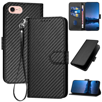 Apple iPhone 7 Carbon Fiber Buckle Leather Phone Case with Lanyard, PU Leather TPU Wallet Cover with Card Slot, Cash Compartment, Stand Function & Scratch Protection