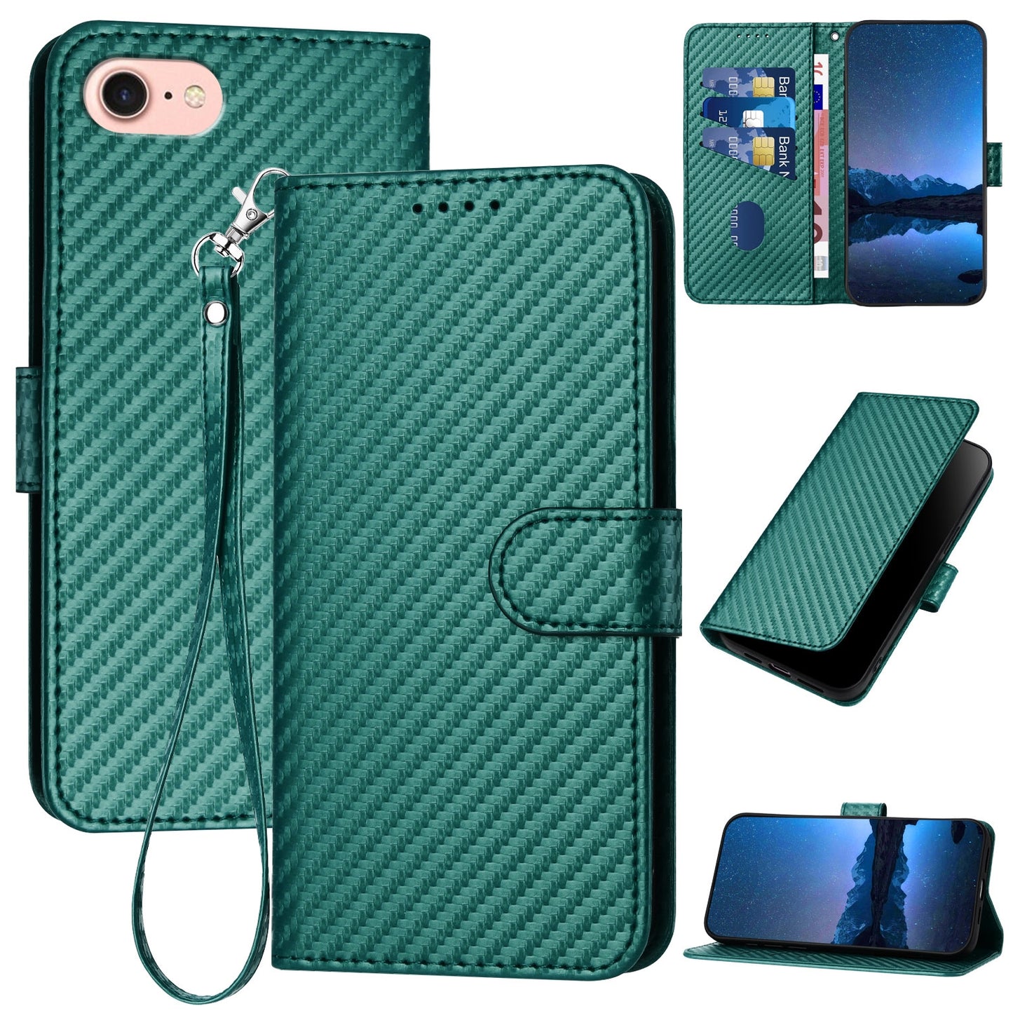 Apple iPhone SE 2020 Carbon Fiber Buckle Leather Phone Case with Lanyard, PU Leather TPU Wallet Cover with Card Slot, Cash Compartment, Stand Function & Scratch Protection