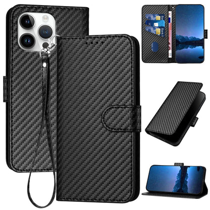 Apple iPhone 16 Pro Max Carbon Fiber Buckle Leather Phone Case with Lanyard, PU Leather TPU Wallet Cover with Card Slot, Cash Compartment, Stand Function & Scratch Protection