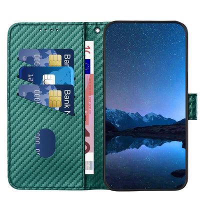 Apple iPhone 16 Pro Max Carbon Fiber Buckle Leather Phone Case with Lanyard, PU Leather TPU Wallet Cover with Card Slot, Cash Compartment, Stand Function & Scratch Protection