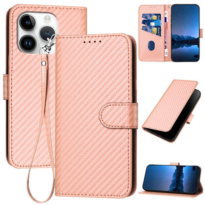 Apple iPhone 16 Pro Carbon Fiber Buckle Leather Phone Case with Lanyard, PU Leather TPU Wallet Cover with Card Slot, Cash Compartment, Stand Function & Scratch Protection