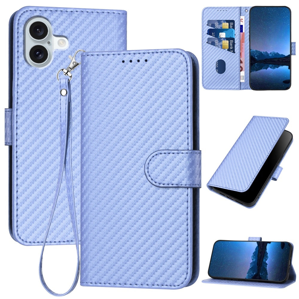 Apple iPhone 16 Plus Carbon Fiber Buckle Leather Phone Case with Lanyard, PU Leather TPU Wallet Cover with Card Slot, Cash Compartment, Stand Function & Scratch Protection