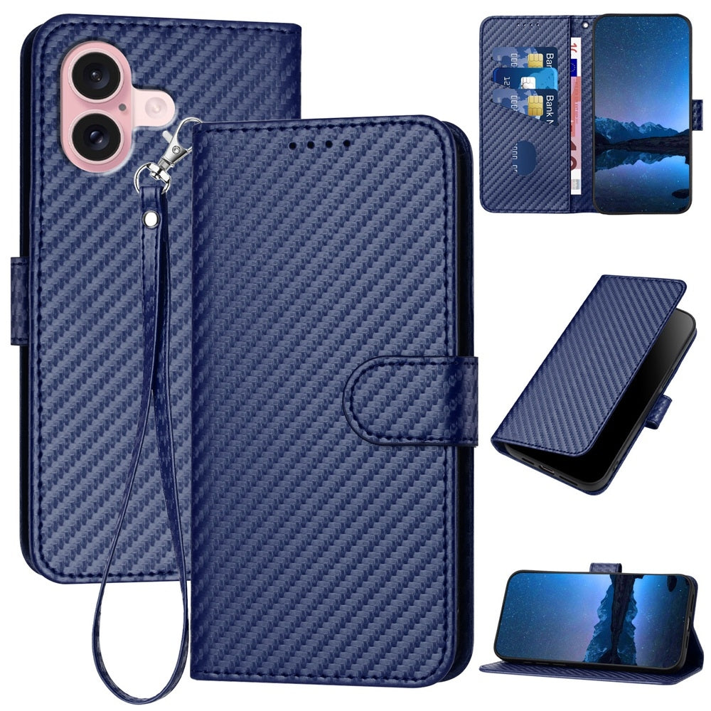 Apple iPhone 16 Carbon Fiber Buckle Leather Phone Case with Lanyard, PU Leather TPU Wallet Cover with Card Slot, Cash Compartment, Stand Function & Scratch Protection