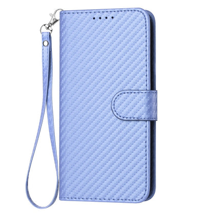 Apple iPhone 16 Carbon Fiber Buckle Leather Phone Case with Lanyard, PU Leather TPU Wallet Cover with Card Slot, Cash Compartment, Stand Function & Scratch Protection