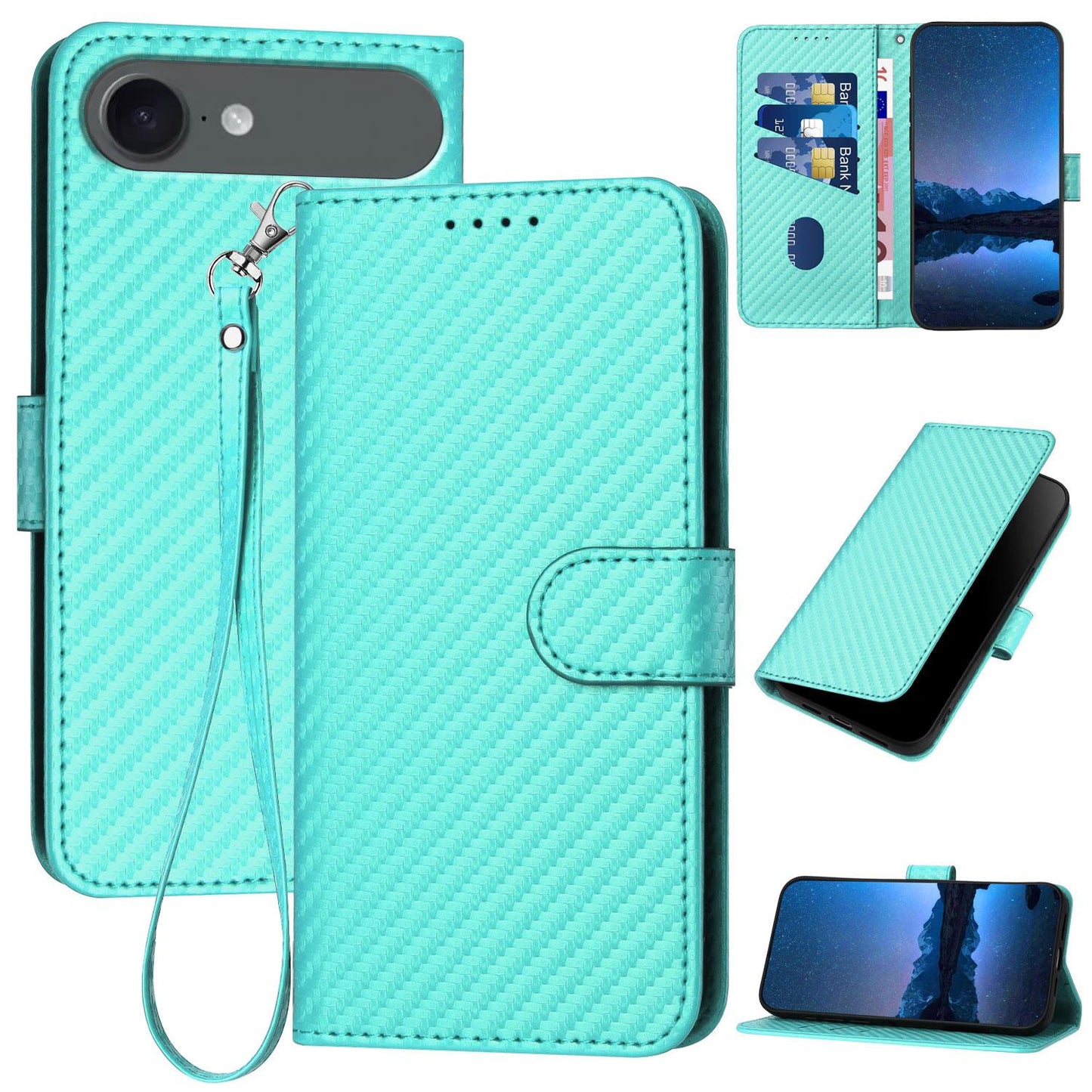 Apple iPhone Air Carbon Fiber Buckle Leather Phone Case with Lanyard, PU Leather TPU Wallet Cover with Card Slot, Cash Compartment, Stand Function & Scratch Protection