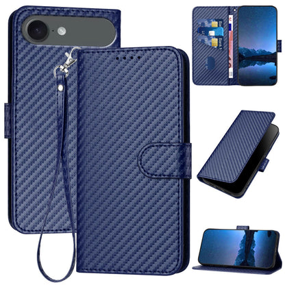 Apple iPhone Air Carbon Fiber Buckle Leather Phone Case with Lanyard, PU Leather TPU Wallet Cover with Card Slot, Cash Compartment, Stand Function & Scratch Protection