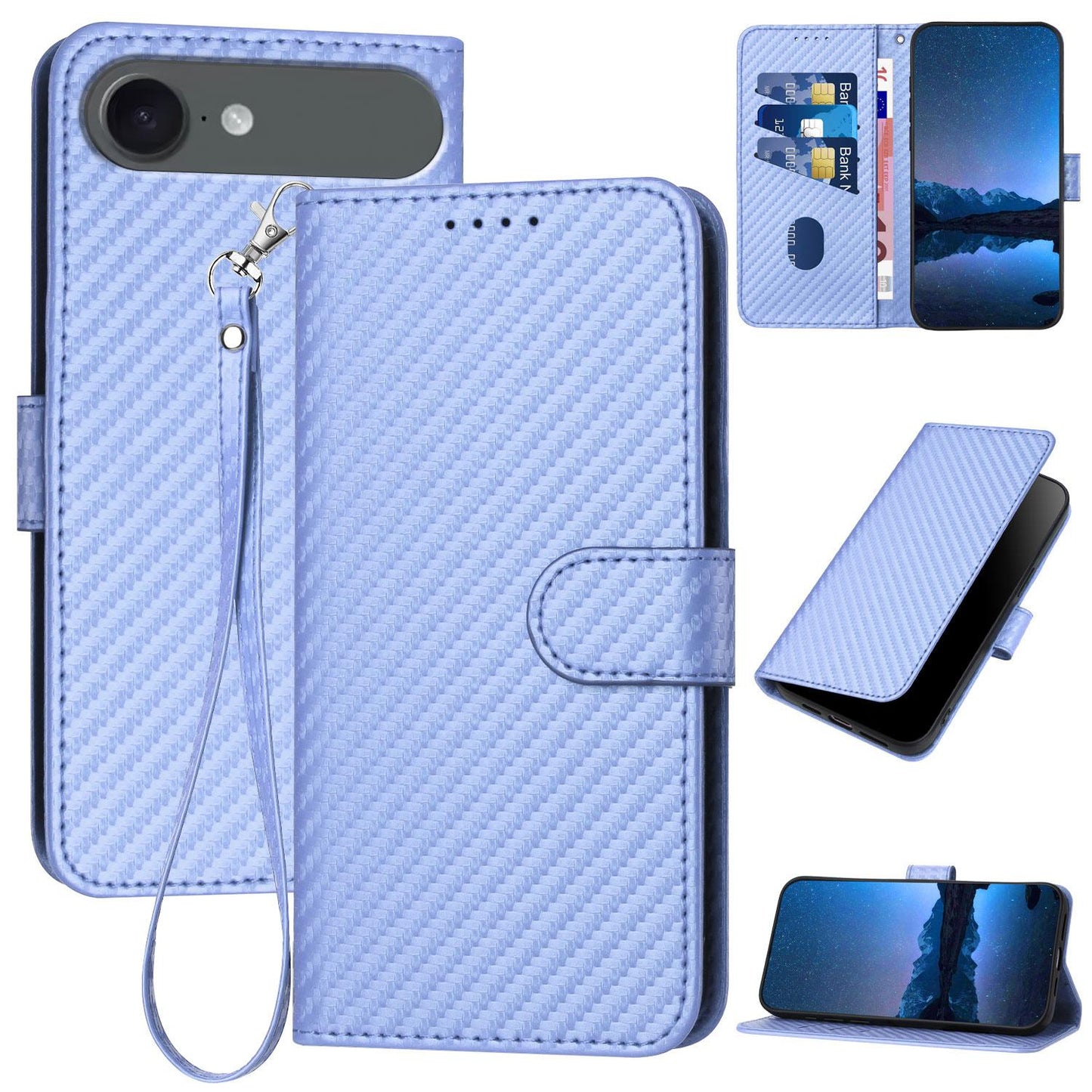 Apple iPhone Air Carbon Fiber Buckle Leather Phone Case with Lanyard, PU Leather TPU Wallet Cover with Card Slot, Cash Compartment, Stand Function & Scratch Protection