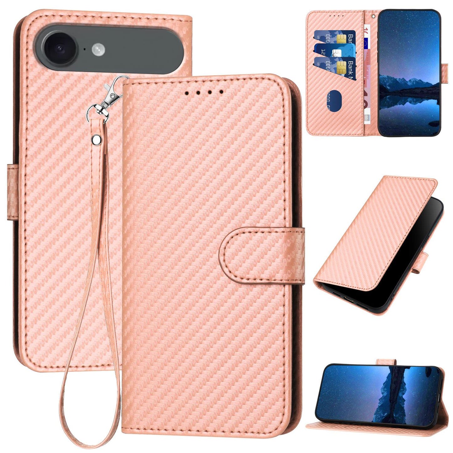 Apple iPhone Air Carbon Fiber Buckle Leather Phone Case with Lanyard, PU Leather TPU Wallet Cover with Card Slot, Cash Compartment, Stand Function & Scratch Protection