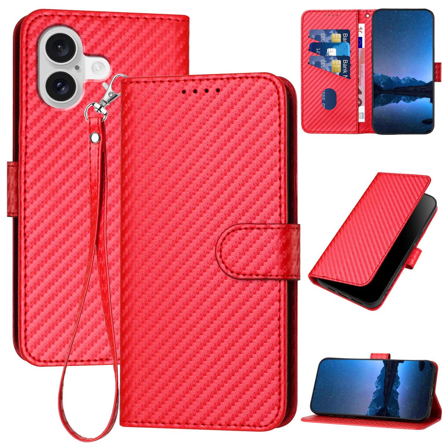 Apple iPhone 17 Carbon Fiber Buckle Leather Phone Case with Lanyard, PU Leather TPU Wallet Cover with Card Slot, Cash Compartment, Stand Function & Scratch Protection