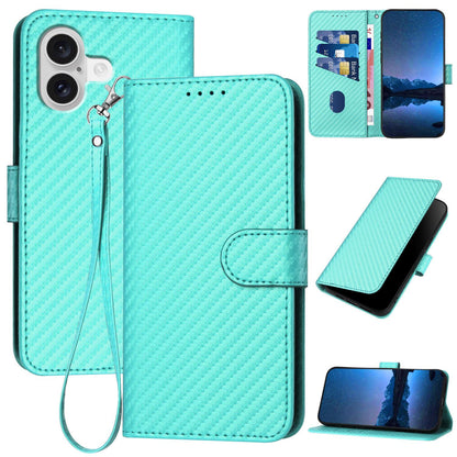 Apple iPhone 17 Carbon Fiber Buckle Leather Phone Case with Lanyard, PU Leather TPU Wallet Cover with Card Slot, Cash Compartment, Stand Function & Scratch Protection