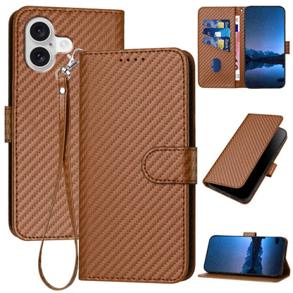 Apple iPhone 17 Carbon Fiber Buckle Leather Phone Case with Lanyard, PU Leather TPU Wallet Cover with Card Slot, Cash Compartment, Stand Function & Scratch Protection