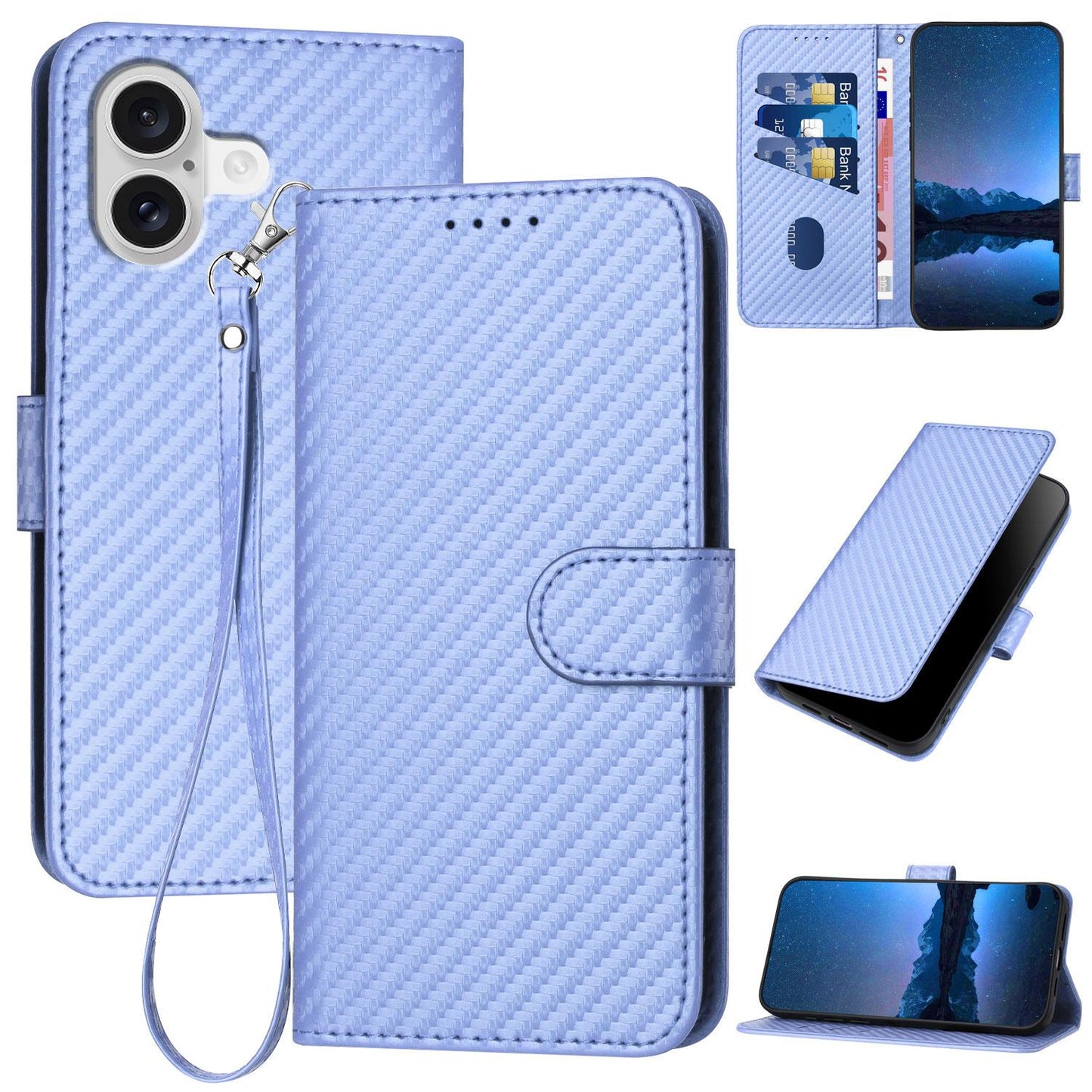 Apple iPhone 17 Carbon Fiber Buckle Leather Phone Case with Lanyard, PU Leather TPU Wallet Cover with Card Slot, Cash Compartment, Stand Function & Scratch Protection