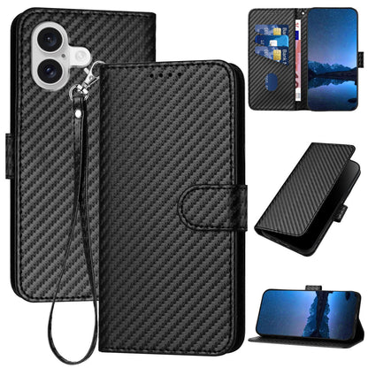 Apple iPhone 17 Carbon Fiber Buckle Leather Phone Case with Lanyard, PU Leather TPU Wallet Cover with Card Slot, Cash Compartment, Stand Function & Scratch Protection