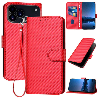 Apple iPhone 17 Pro Max Carbon Fiber Buckle Leather Phone Case with Lanyard, PU Leather TPU Wallet Cover with Card Slot, Cash Compartment, Stand Function & Scratch Protection