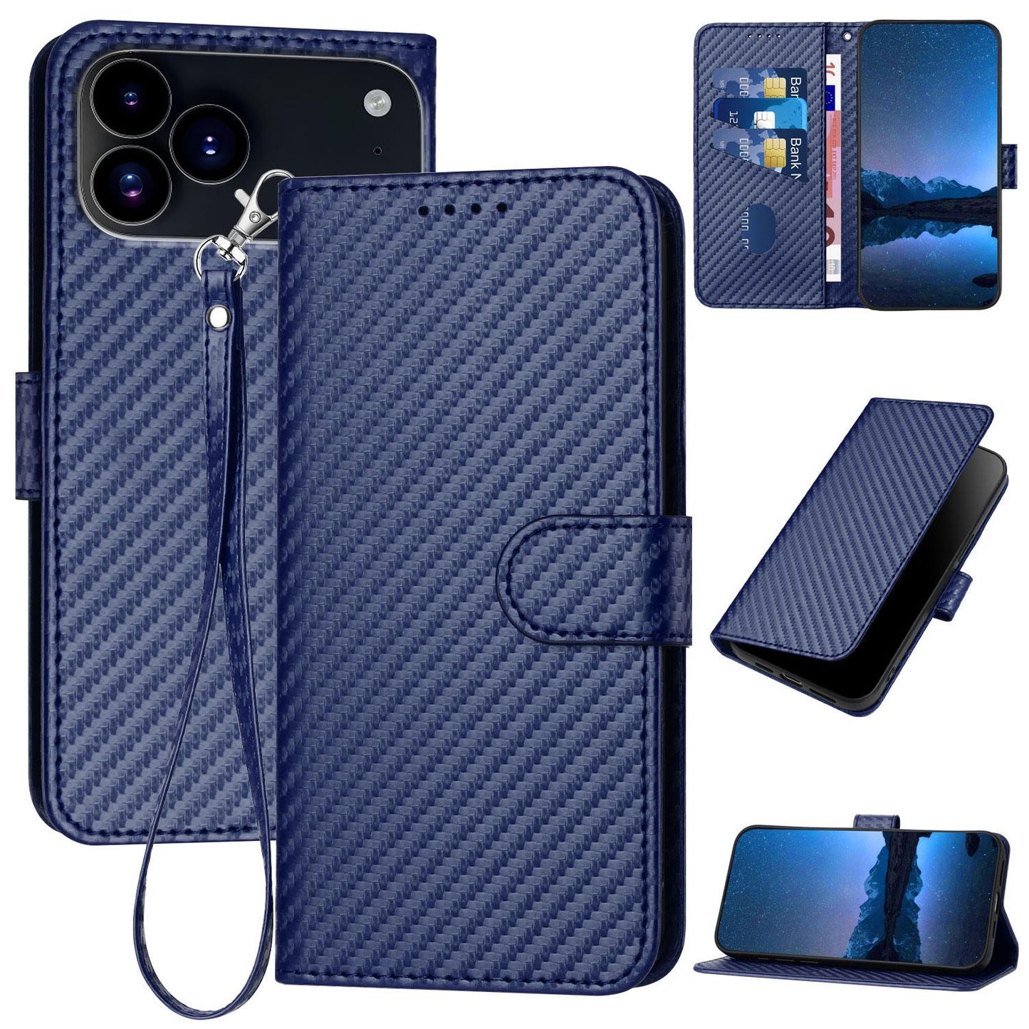 Apple iPhone 17 Pro Max Carbon Fiber Buckle Leather Phone Case with Lanyard, PU Leather TPU Wallet Cover with Card Slot, Cash Compartment, Stand Function & Scratch Protection