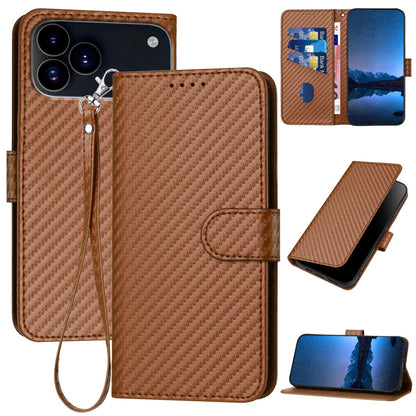 Apple iPhone 17 Pro Max Carbon Fiber Buckle Leather Phone Case with Lanyard, PU Leather TPU Wallet Cover with Card Slot, Cash Compartment, Stand Function & Scratch Protection