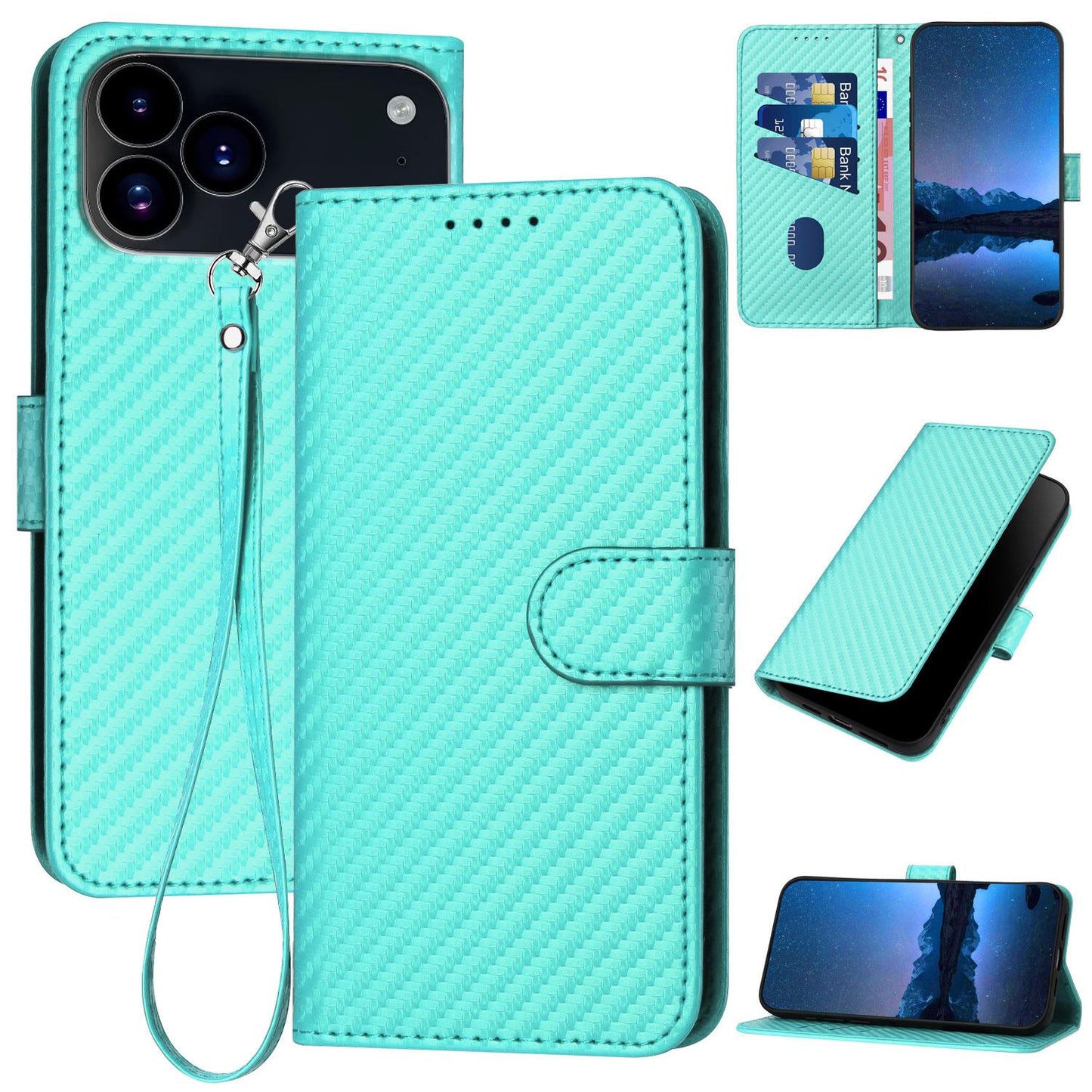 Apple iPhone 17 Pro Carbon Fiber Buckle Leather Phone Case with Lanyard, PU Leather TPU Wallet Cover with Card Slot, Cash Compartment, Stand Function & Scratch Protection