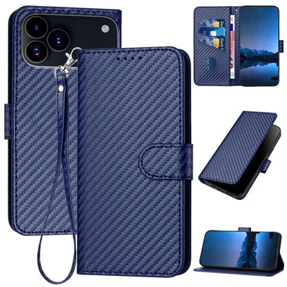 Apple iPhone 17 Pro Carbon Fiber Buckle Leather Phone Case with Lanyard, PU Leather TPU Wallet Cover with Card Slot, Cash Compartment, Stand Function & Scratch Protection