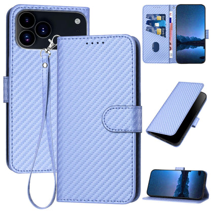 Apple iPhone 17 Pro Carbon Fiber Buckle Leather Phone Case with Lanyard, PU Leather TPU Wallet Cover with Card Slot, Cash Compartment, Stand Function & Scratch Protection