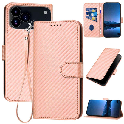 Apple iPhone 17 Pro Carbon Fiber Buckle Leather Phone Case with Lanyard, PU Leather TPU Wallet Cover with Card Slot, Cash Compartment, Stand Function & Scratch Protection