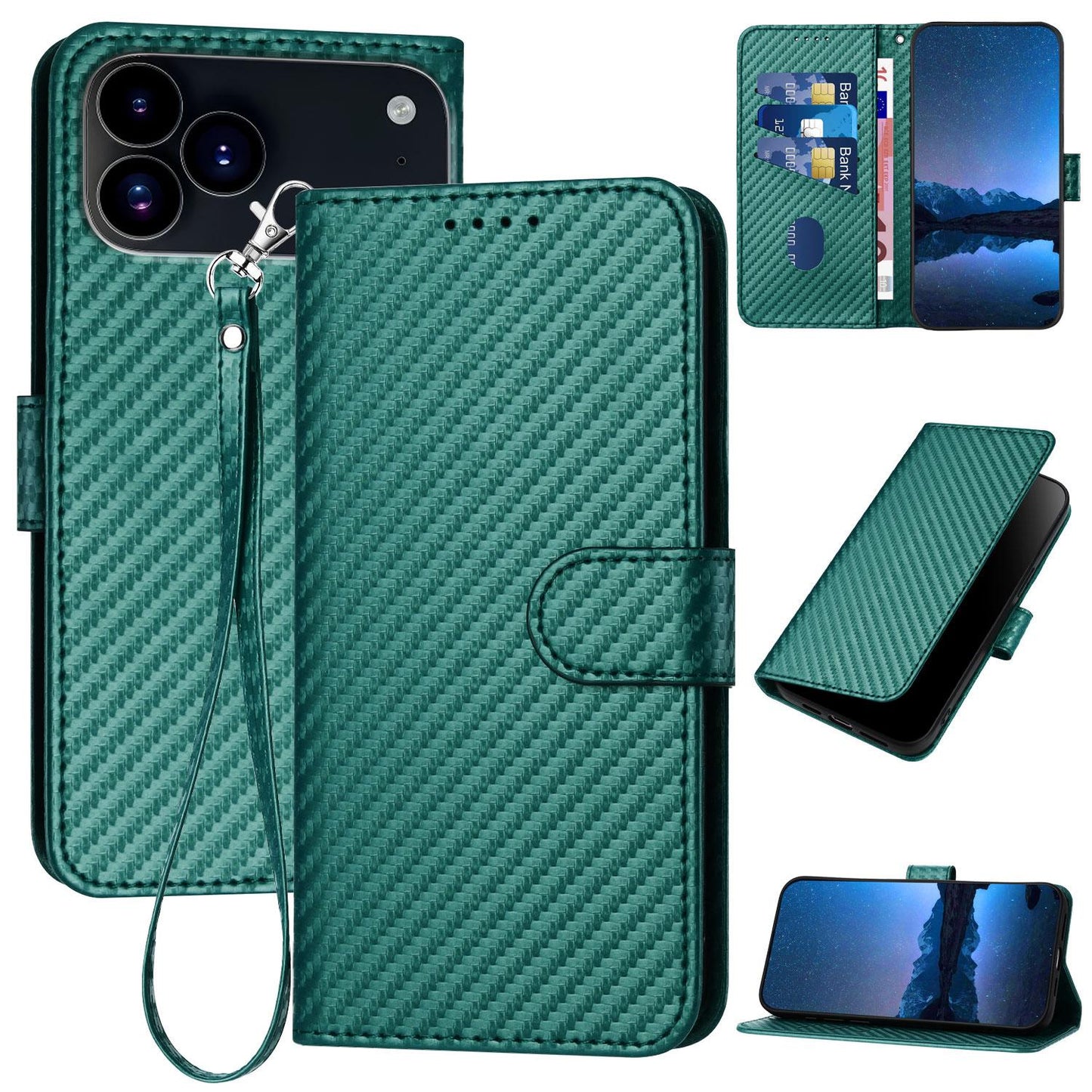 Apple iPhone 17 Pro Carbon Fiber Buckle Leather Phone Case with Lanyard, PU Leather TPU Wallet Cover with Card Slot, Cash Compartment, Stand Function & Scratch Protection