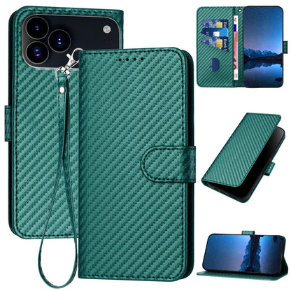 Apple iPhone 17 Pro Carbon Fiber Buckle Leather Phone Case with Lanyard, PU Leather TPU Wallet Cover with Card Slot, Cash Compartment, Stand Function & Scratch Protection