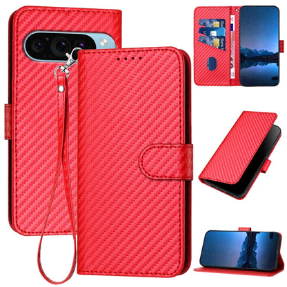 Google Pixel 9 Pro Carbon Fiber Buckle Leather Phone Case with Lanyard, PU Leather TPU Wallet Cover with Card Slot, Cash Compartment, Stand Function & Scratch Protection
