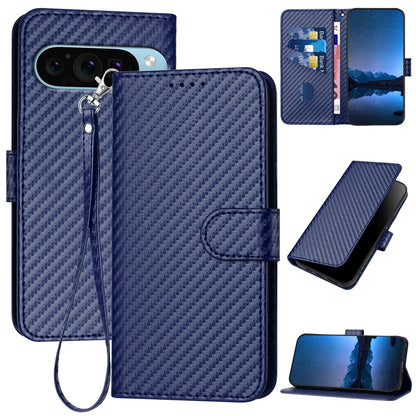 Google Pixel 9 Pro Carbon Fiber Buckle Leather Phone Case with Lanyard, PU Leather TPU Wallet Cover with Card Slot, Cash Compartment, Stand Function & Scratch Protection