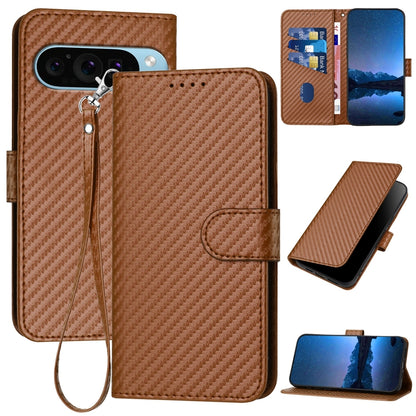 Google Pixel 9 Carbon Fiber Buckle Leather Phone Case with Lanyard, PU Leather TPU Wallet Cover with Card Slot, Cash Compartment, Stand Function & Scratch Protection