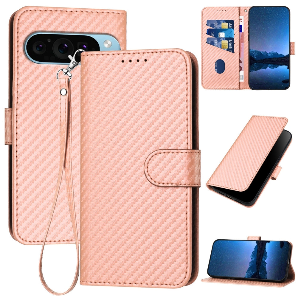 Google Pixel 9 Carbon Fiber Buckle Leather Phone Case with Lanyard, PU Leather TPU Wallet Cover with Card Slot, Cash Compartment, Stand Function & Scratch Protection