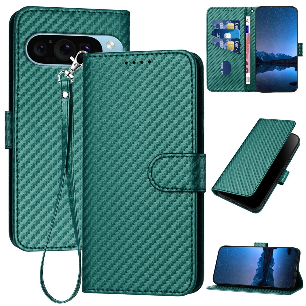 Google Pixel 9 Carbon Fiber Buckle Leather Phone Case with Lanyard, PU Leather TPU Wallet Cover with Card Slot, Cash Compartment, Stand Function & Scratch Protection
