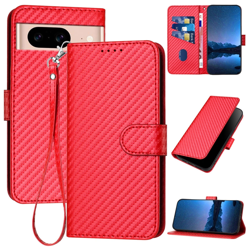 Google Pixel 8a Carbon Fiber Buckle Leather Phone Case with Lanyard, PU Leather TPU Wallet Cover with Card Slot, Cash Compartment, Stand Function & Scratch Protection