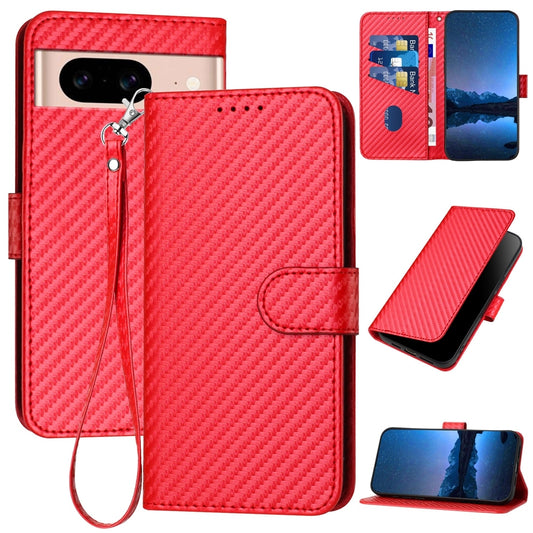 Google Pixel 8a Carbon Fiber Buckle Leather Phone Case with Lanyard, PU Leather TPU Wallet Cover with Card Slot, Cash Compartment, Stand Function & Scratch Protection