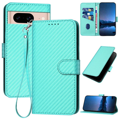 Google Pixel 8a Carbon Fiber Buckle Leather Phone Case with Lanyard, PU Leather TPU Wallet Cover with Card Slot, Cash Compartment, Stand Function & Scratch Protection