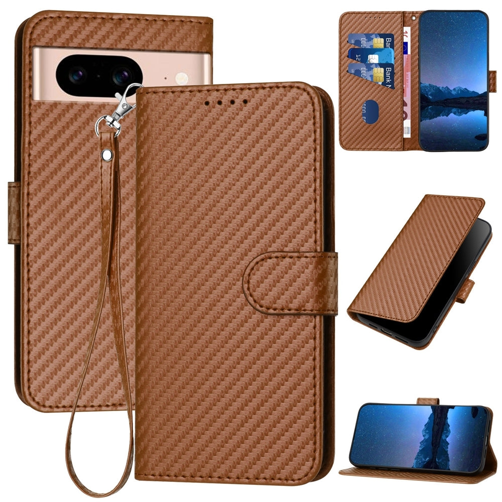 Google Pixel 8a Carbon Fiber Buckle Leather Phone Case with Lanyard, PU Leather TPU Wallet Cover with Card Slot, Cash Compartment, Stand Function & Scratch Protection