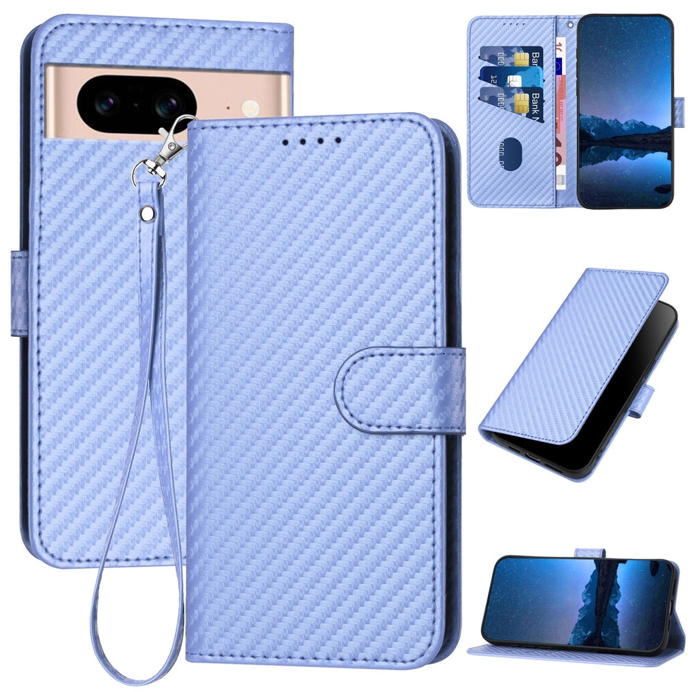 Google Pixel 8a Carbon Fiber Buckle Leather Phone Case with Lanyard, PU Leather TPU Wallet Cover with Card Slot, Cash Compartment, Stand Function & Scratch Protection