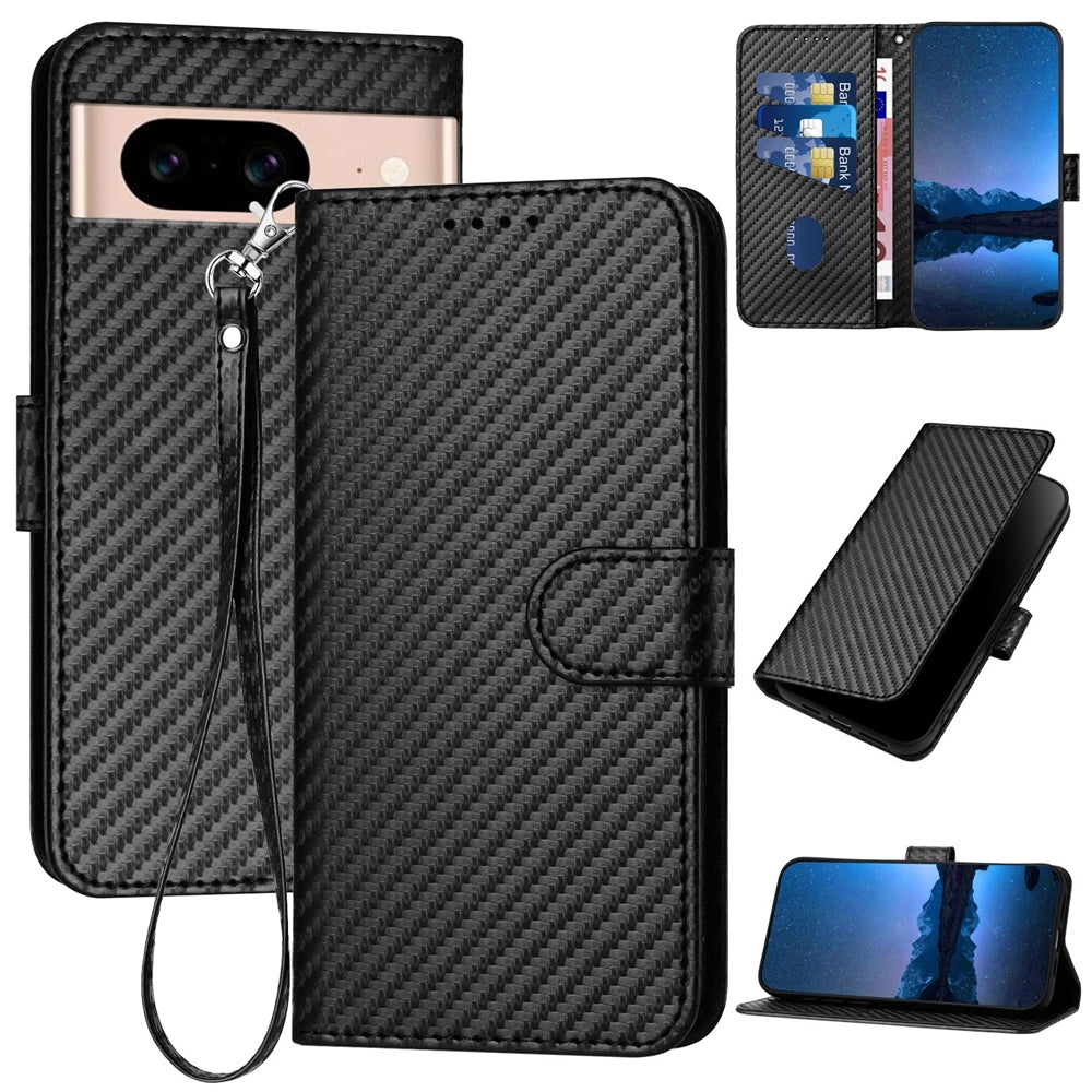 Google Pixel 8a Carbon Fiber Buckle Leather Phone Case with Lanyard, PU Leather TPU Wallet Cover with Card Slot, Cash Compartment, Stand Function & Scratch Protection