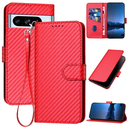 Google Pixel 8 Pro Carbon Fiber Buckle Leather Phone Case with Lanyard, PU Leather TPU Wallet Cover with Card Slot, Cash Compartment, Stand Function & Scratch Protection