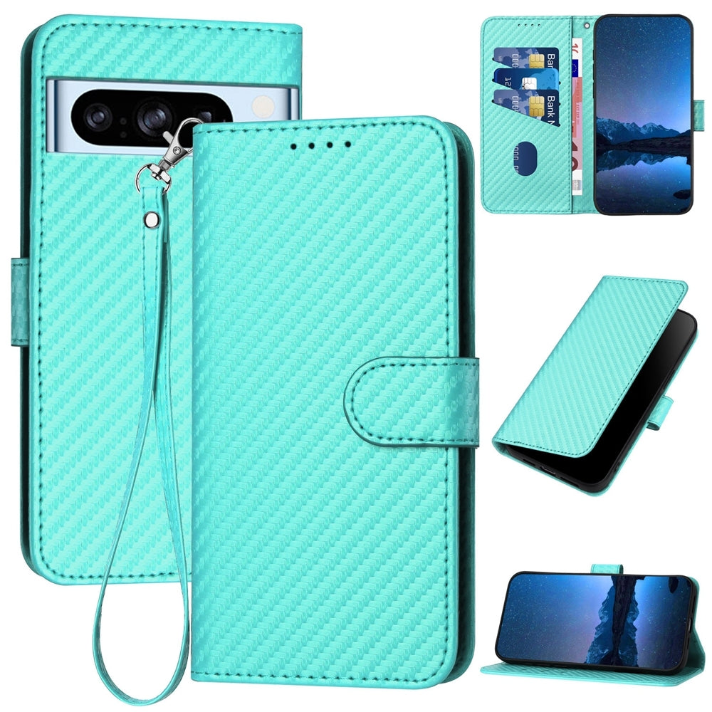 Google Pixel 8 Pro Carbon Fiber Buckle Leather Phone Case with Lanyard, PU Leather TPU Wallet Cover with Card Slot, Cash Compartment, Stand Function & Scratch Protection