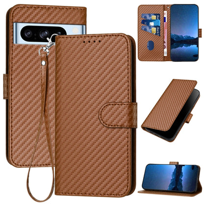Google Pixel 8 Pro Carbon Fiber Buckle Leather Phone Case with Lanyard, PU Leather TPU Wallet Cover with Card Slot, Cash Compartment, Stand Function & Scratch Protection
