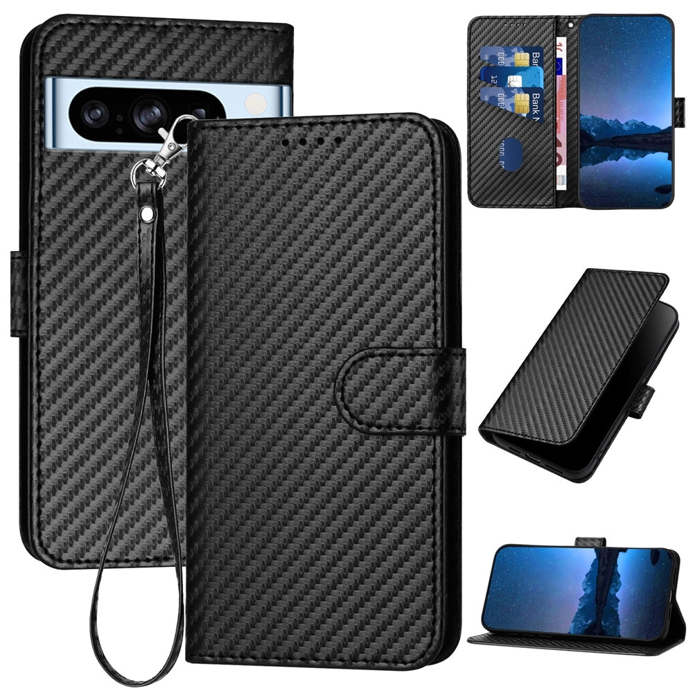 Google Pixel 8 Pro Carbon Fiber Buckle Leather Phone Case with Lanyard, PU Leather TPU Wallet Cover with Card Slot, Cash Compartment, Stand Function & Scratch Protection